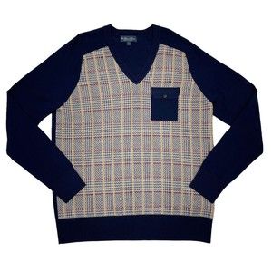 Brooks Brothers Sweater Mens Large Blue Tan Washable Merino Wool Houndstooth